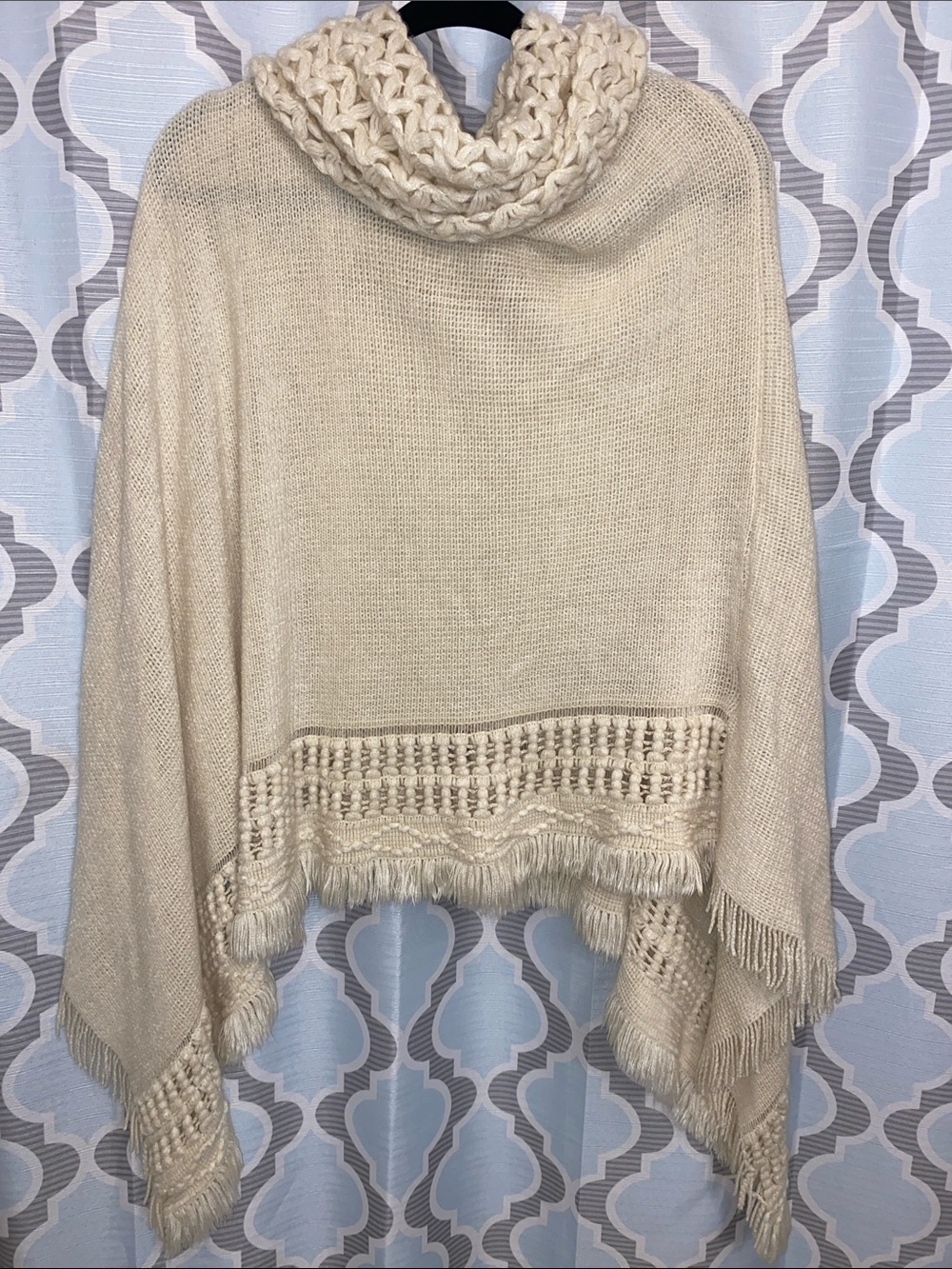 Cozy Hooded Fringe Sweater Poncho - Cream